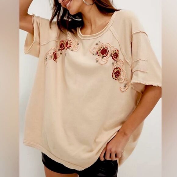 FREE PEOPLE We The Free Harper Floral Embroidered Tee Parchment Combo NWOT - Picture 1 of 7